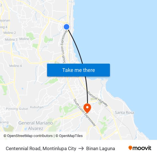 Centennial Road, Montinlupa City to Binan Laguna map