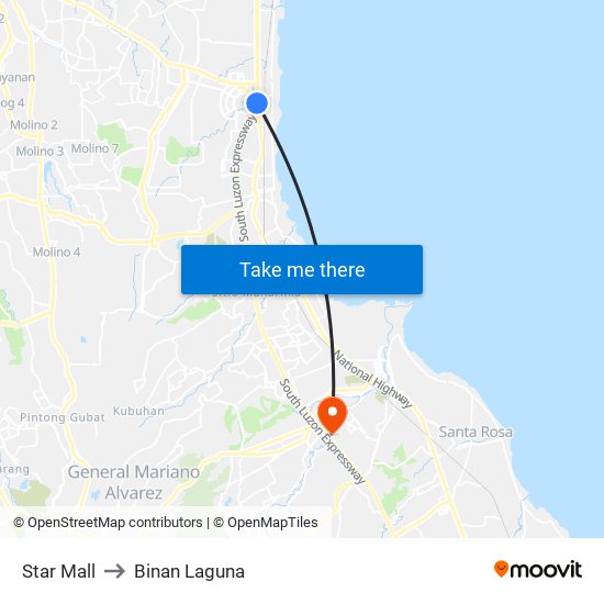 Star Mall to Binan Laguna map