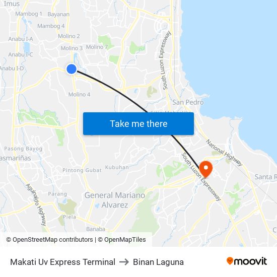 Makati Uv Express Terminal to Binan Laguna map