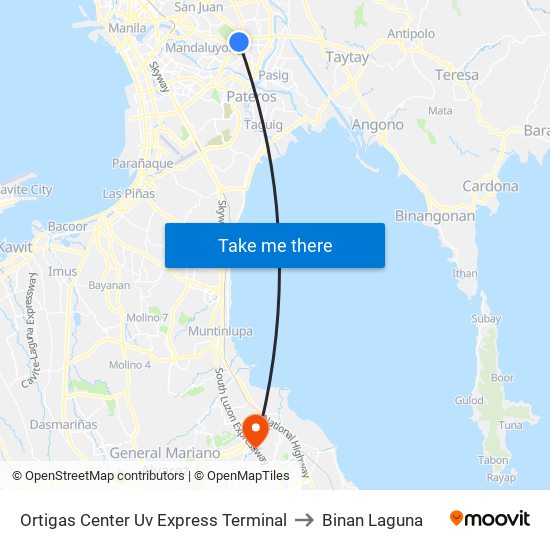 Ortigas Center Uv Express Terminal to Binan Laguna map