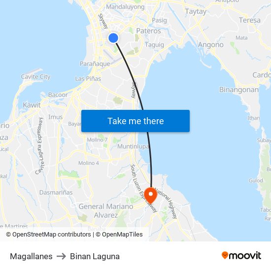 Magallanes to Binan Laguna map