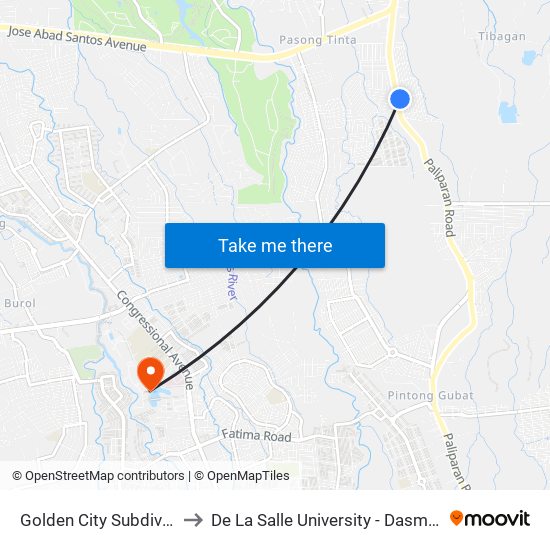 Golden City Subdivision to De La Salle University - Dasmariñas map