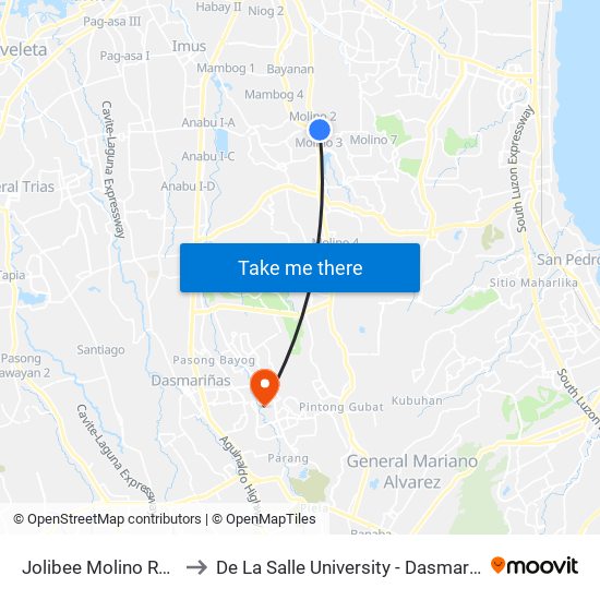 Jolibee Molino Road to De La Salle University - Dasmariñas map