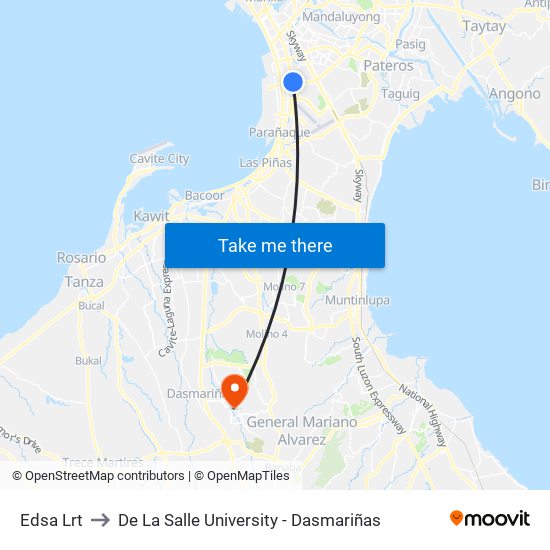 Edsa Lrt to De La Salle University - Dasmariñas map