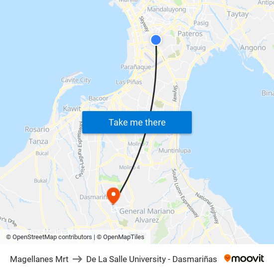 Magellanes Mrt to De La Salle University - Dasmariñas map