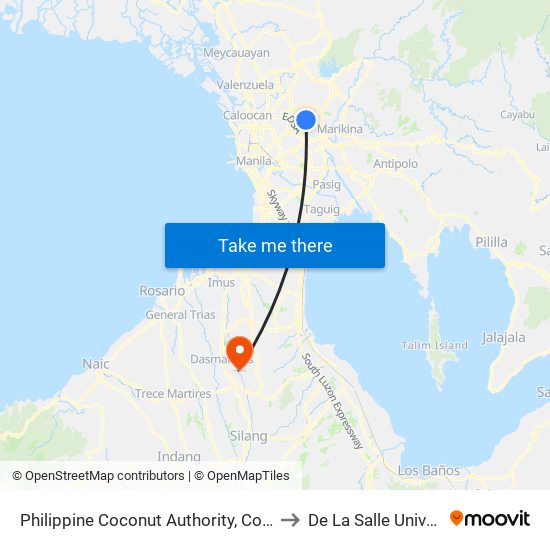 Philippine Coconut Authority, Commonwealth Avenue, Quezon City to De La Salle University - Dasmariñas map