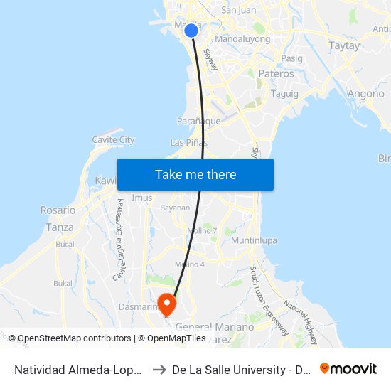 Natividad Almeda-Lopez , Manila to De La Salle University - Dasmariñas map