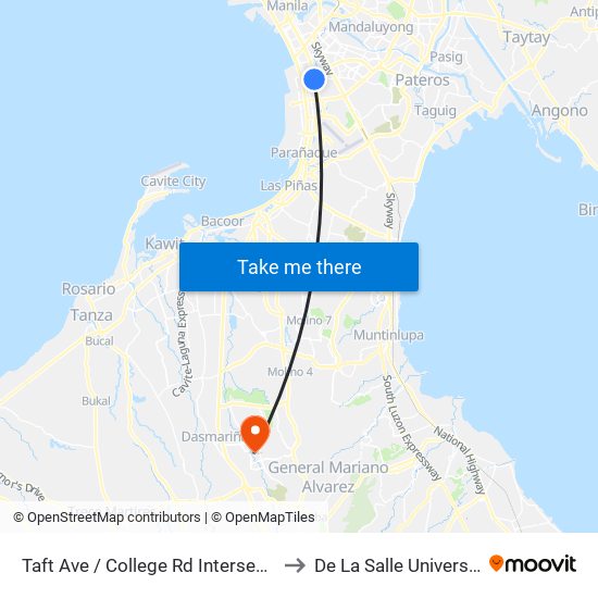 Taft Ave / College Rd Intersection, Lungsod Ng Pasay to De La Salle University - Dasmariñas map