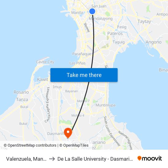 Valenzuela, Manila to De La Salle University - Dasmariñas map
