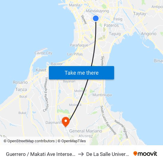 Guerrero / Makati Ave Intersection, Makati City, Manila to De La Salle University - Dasmariñas map