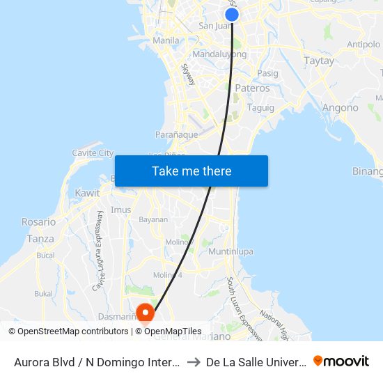 Aurora Blvd / N Domingo Intersection, Quezon City, Manila to De La Salle University - Dasmariñas map
