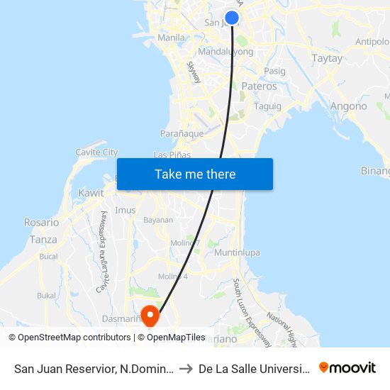 San Juan Reservior, N.Domingo, San Juan, Manila to De La Salle University - Dasmariñas map