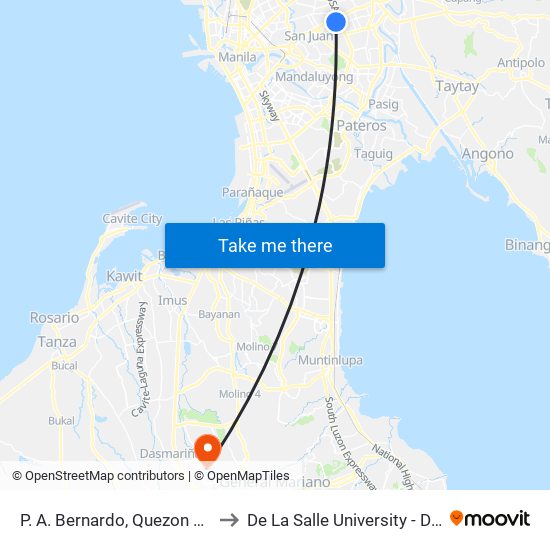 P. A. Bernardo, Quezon City, Manila to De La Salle University - Dasmariñas map