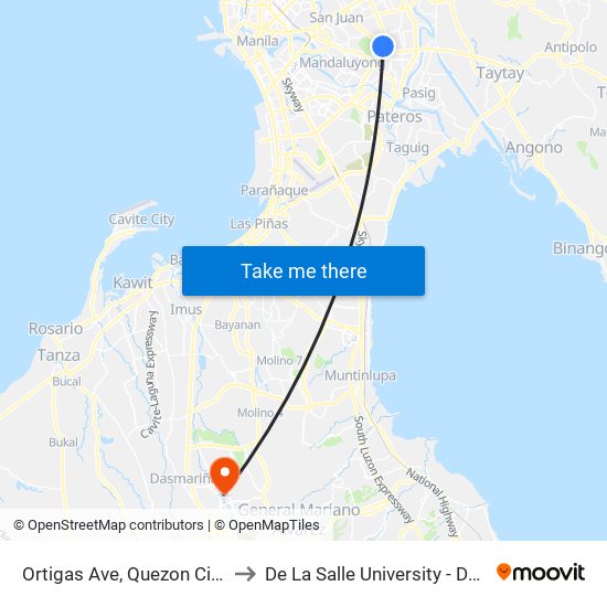 Ortigas Ave, Quezon City, Manila to De La Salle University - Dasmariñas map