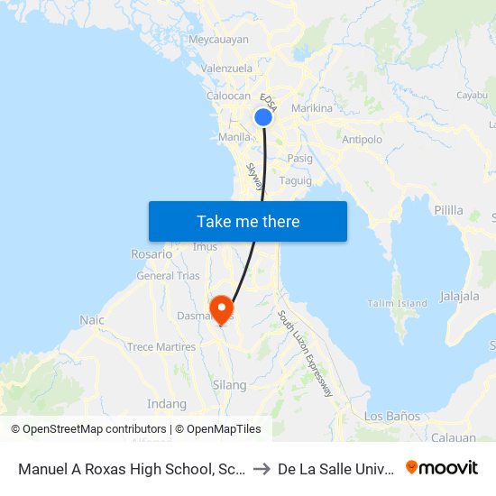 Manuel A Roxas High School, Scout Chuatoco, Quezon City, Manila to De La Salle University - Dasmariñas map