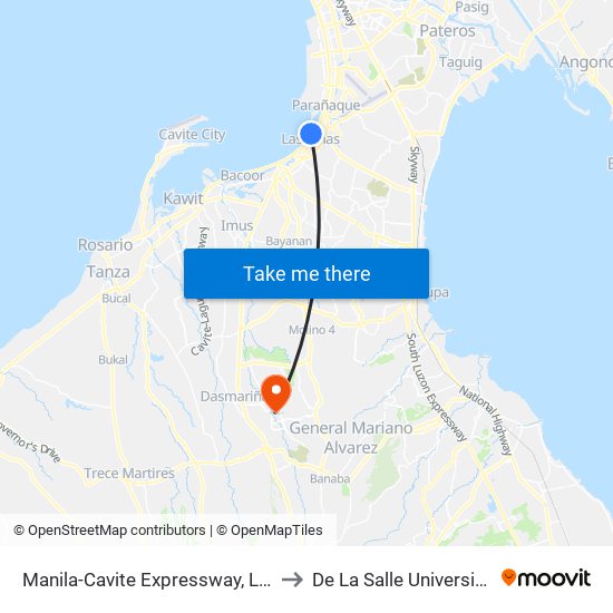 Manila-Cavite Expressway, Las Piñas City, Manila to De La Salle University - Dasmariñas map