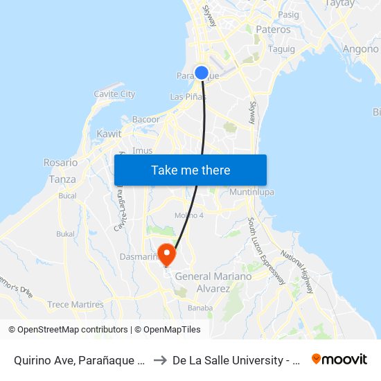 Quirino Ave, Parañaque City, Manila to De La Salle University - Dasmariñas map