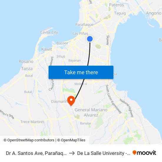 Dr A. Santos Ave, Parañaque City, Manila to De La Salle University - Dasmariñas map