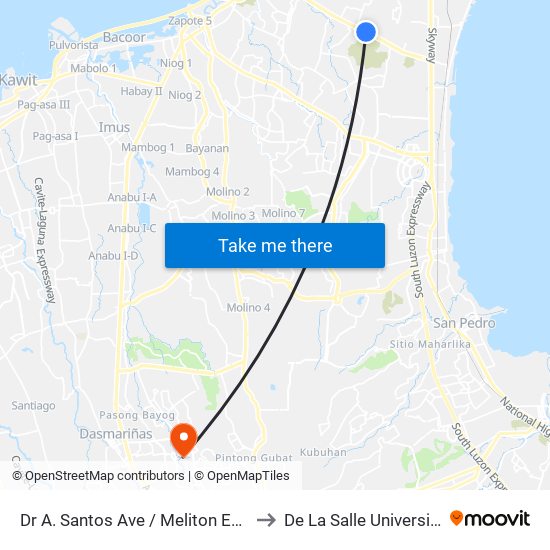 Dr A. Santos Ave / Meliton Espiritu, Parañaque City to De La Salle University - Dasmariñas map