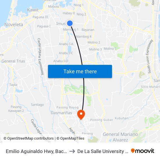 Emilio Aguinaldo Hwy, Bacoor City, Manila to De La Salle University - Dasmariñas map