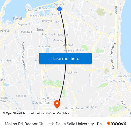 Molino Rd, Bacoor City, Manila to De La Salle University - Dasmariñas map