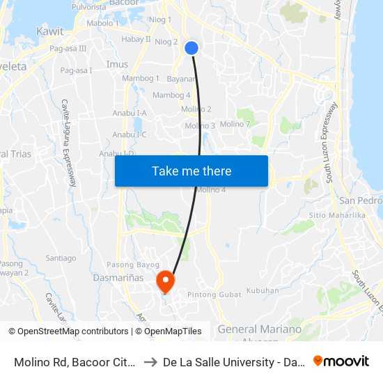 Molino Rd, Bacoor City, Manila to De La Salle University - Dasmariñas map