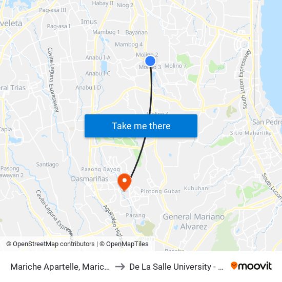 Mariche Apartelle, Mariche Apartelle to De La Salle University - Dasmariñas map