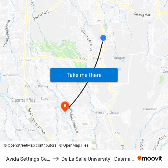 Avida Settings Cavite to De La Salle University - Dasmariñas map