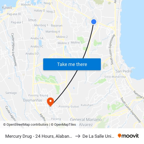 Mercury Drug - 24 Hours, Alabang-Zapote Road, Muntinlupa City, Manila to De La Salle University - Dasmariñas map