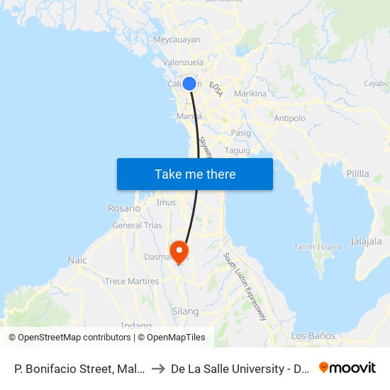 P. Bonifacio Street,  Malabon City to De La Salle University - Dasmariñas map