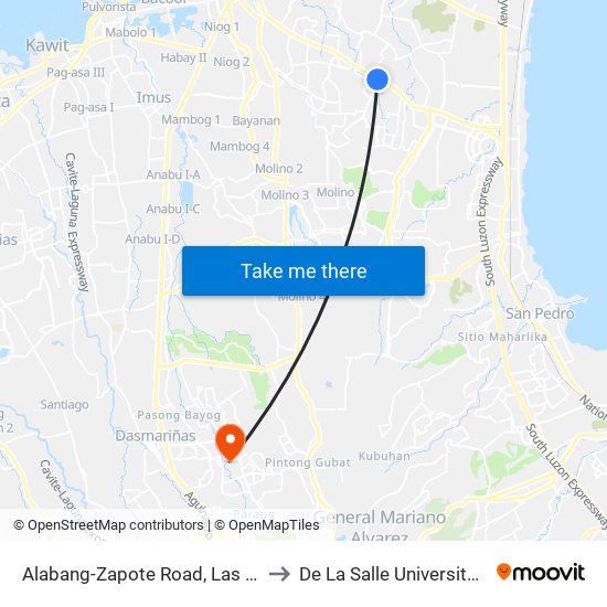 Alabang-Zapote Road, Las Piñas City, Manila to De La Salle University - Dasmariñas map