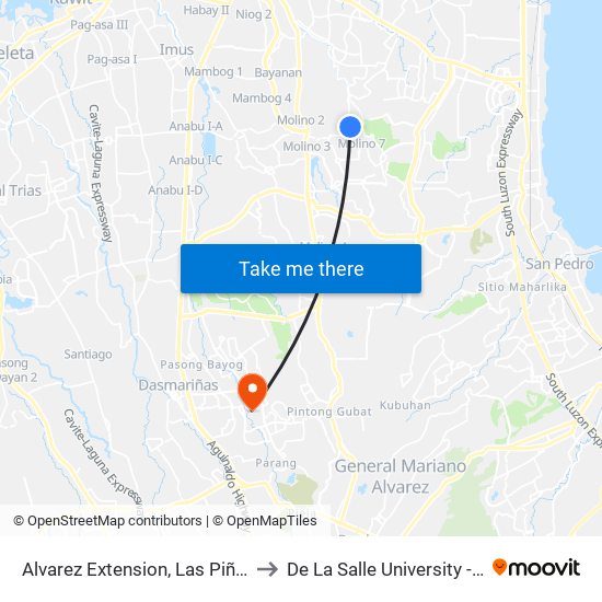 Alvarez Extension, Las Piñas City, Manila to De La Salle University - Dasmariñas map