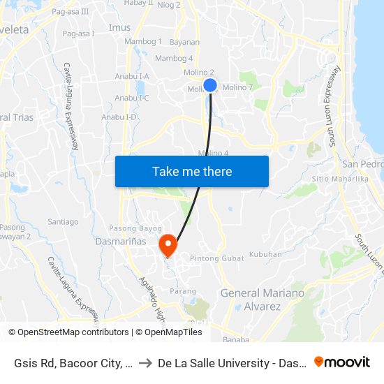 Gsis Rd, Bacoor City, Manila to De La Salle University - Dasmariñas map