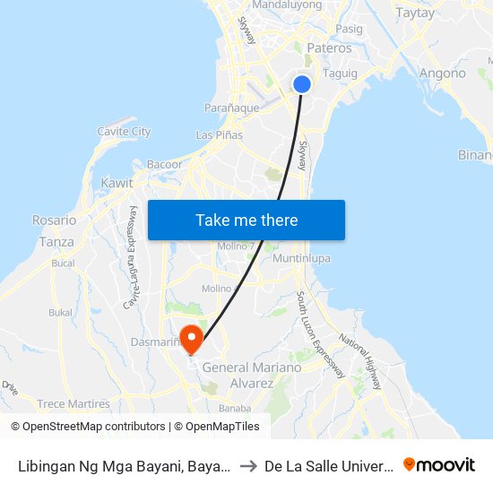 Libingan Ng Mga Bayani, Bayani Road, Taguig City, Manila to De La Salle University - Dasmariñas map