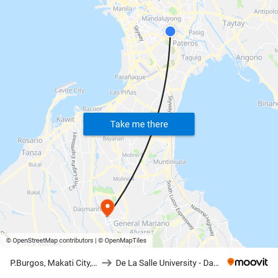 P.Burgos, Makati City, Manila to De La Salle University - Dasmariñas map