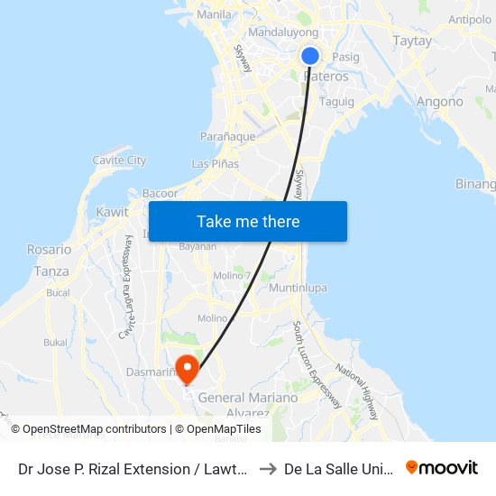 Dr Jose P. Rizal Extension / Lawton Ave Intersection, Makati City, Manila to De La Salle University - Dasmariñas map