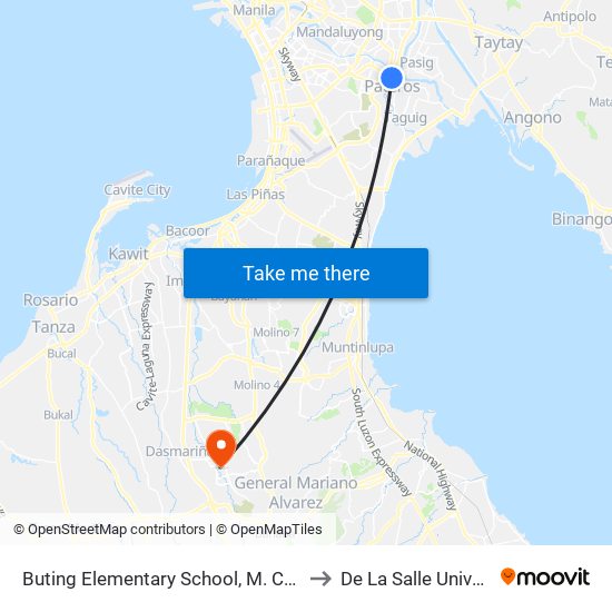 Buting Elementary School, M. Concepcion Ave, Pasig City, Manila to De La Salle University - Dasmariñas map