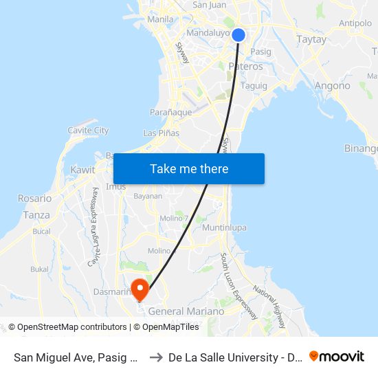 San Miguel Ave, Pasig City, Manila to De La Salle University - Dasmariñas map
