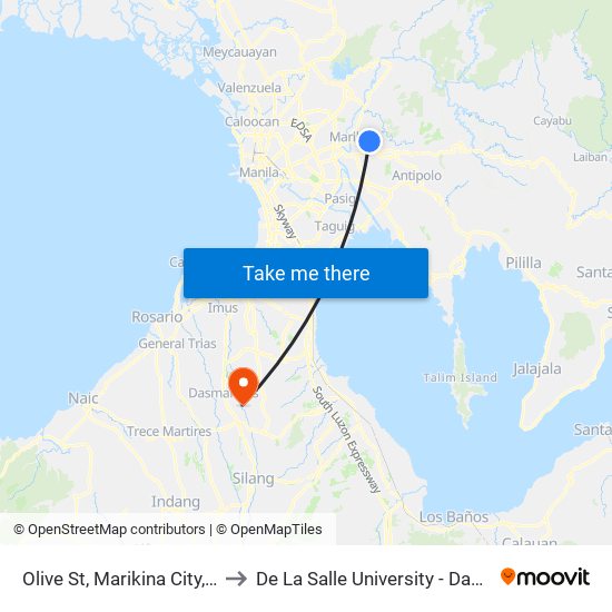 Olive St, Marikina City, Manila to De La Salle University - Dasmariñas map