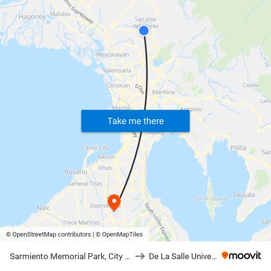 Sarmiento Memorial Park, City Of San Jose Del Monte, Manila to De La Salle University - Dasmariñas map