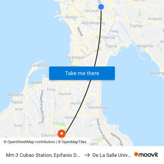 Mrt-3 Cubao Station, Epifanio De Los Santos Av, Quezon City, Manila to De La Salle University - Dasmariñas map