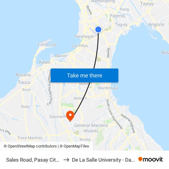 Sales Road, Pasay City, Manila to De La Salle University - Dasmariñas map