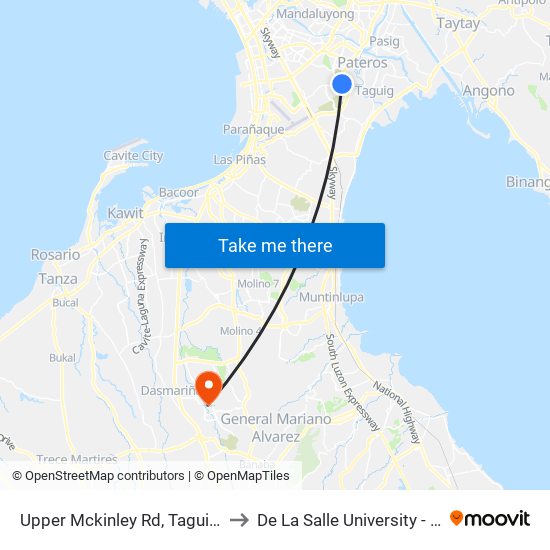 Upper Mckinley Rd, Taguig City, Manila to De La Salle University - Dasmariñas map