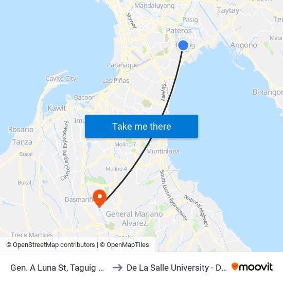 Gen. A Luna St, Taguig City, Manila to De La Salle University - Dasmariñas map