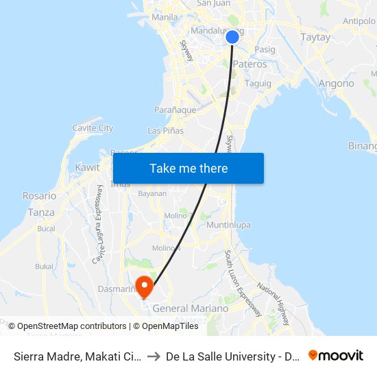 Sierra Madre, Makati City, Manila to De La Salle University - Dasmariñas map