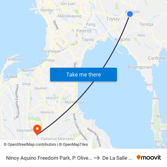 Ninoy Aquino Freedom Park, P. Oliveros St / L. Sumulong Memorial Circle, Antipolo City, Manila to De La Salle University - Dasmariñas map