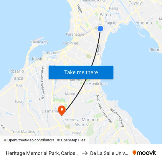 Heritage Memorial Park, Carlos P. Garcia Ave, Taguig City, Manila to De La Salle University - Dasmariñas map
