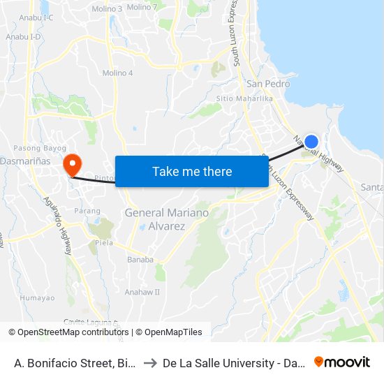 A. Bonifacio Street, Binan City to De La Salle University - Dasmariñas map