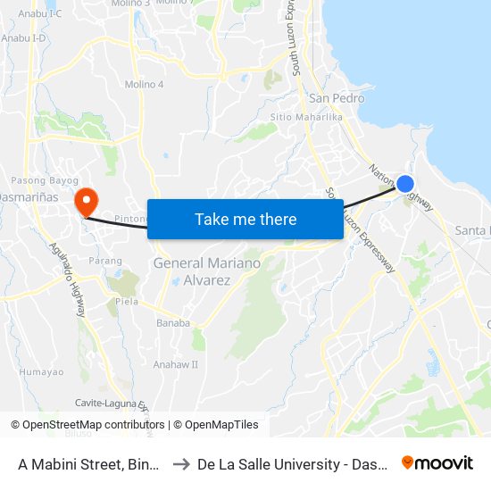 A Mabini Street, Binan City to De La Salle University - Dasmariñas map