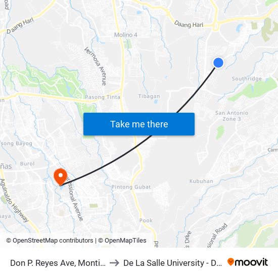 Don P. Reyes Ave, Montinlupa City to De La Salle University - Dasmariñas map